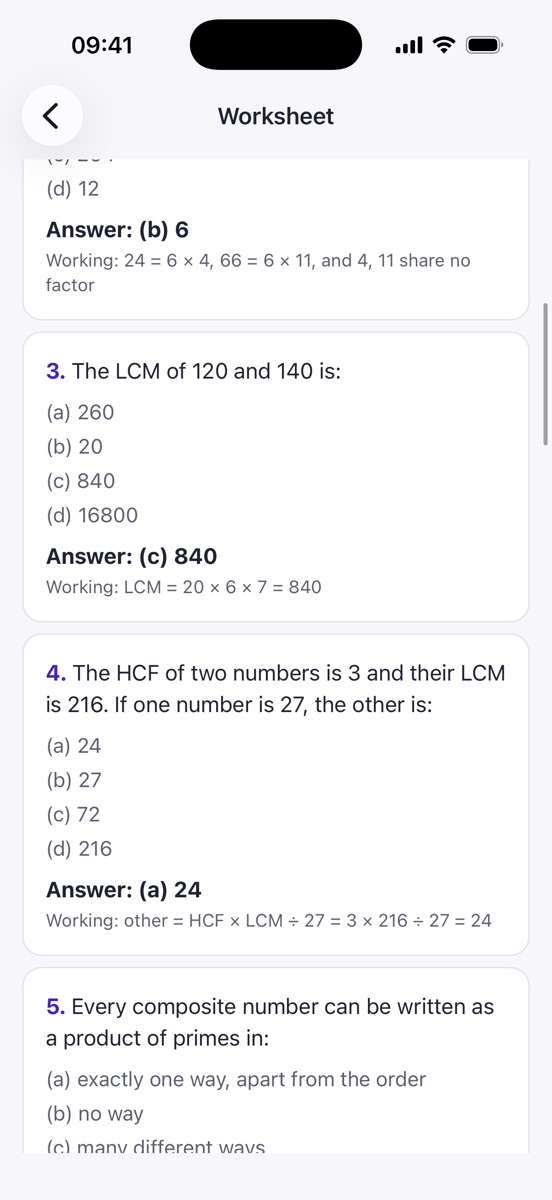 The answer key shown under each question: the HCF and LCM questions with their answers and one line of working each.