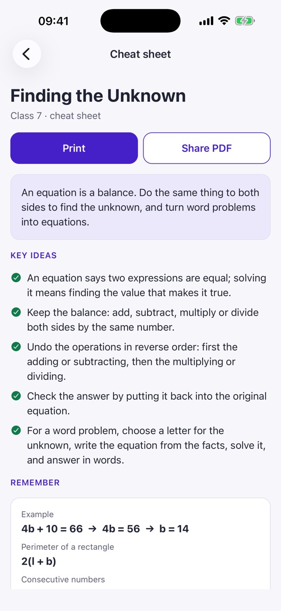 The Finding the Unknown cheat sheet for Class 7: Print and Share PDF buttons, the key ideas and a worked example.