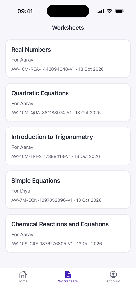 The worksheets list: Real Numbers, Quadratic Equations, Introduction to Trigonometry and Chemical Reactions for Aarav, and Simple Equations for Diya.