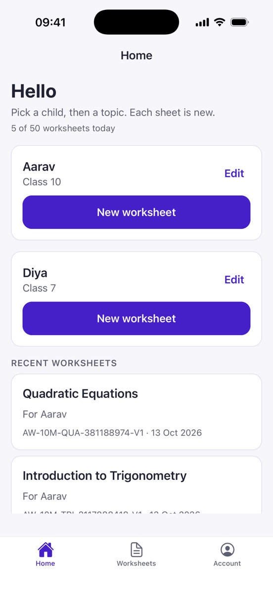 The home screen: two children, Aarav in Class 10 and Diya in Class 7, each with a New worksheet button, and the recent worksheets below.
