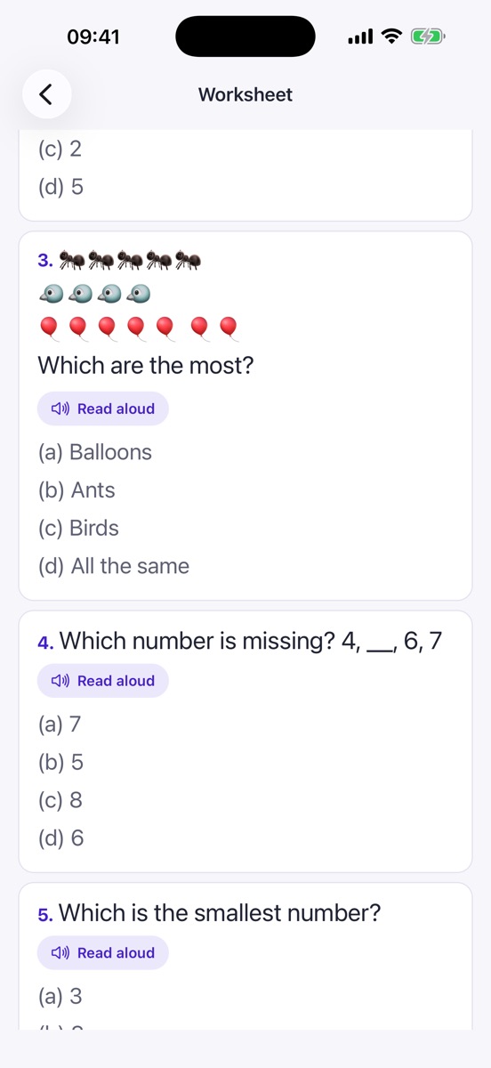 A Class 1 Mango Treat sheet: rows of ants, birds and balloons to compare, with a Read aloud button under each question.