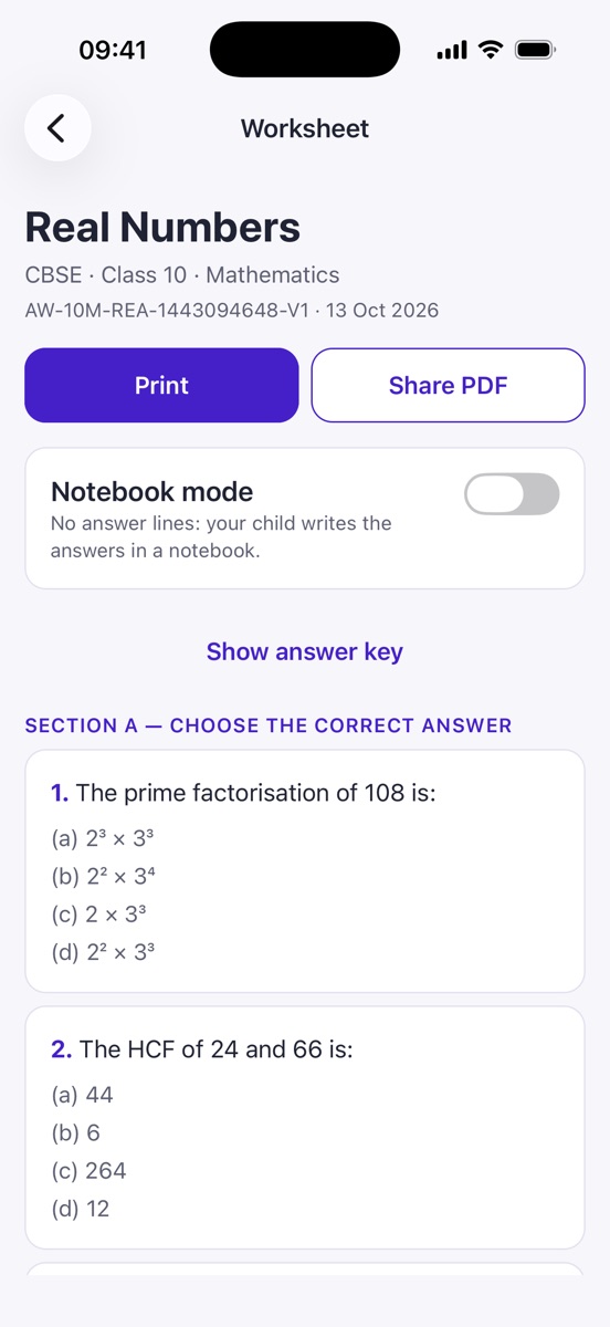 A Real Numbers worksheet for Class 10 with Print and Share PDF buttons, notebook mode, and the first multiple-choice questions.