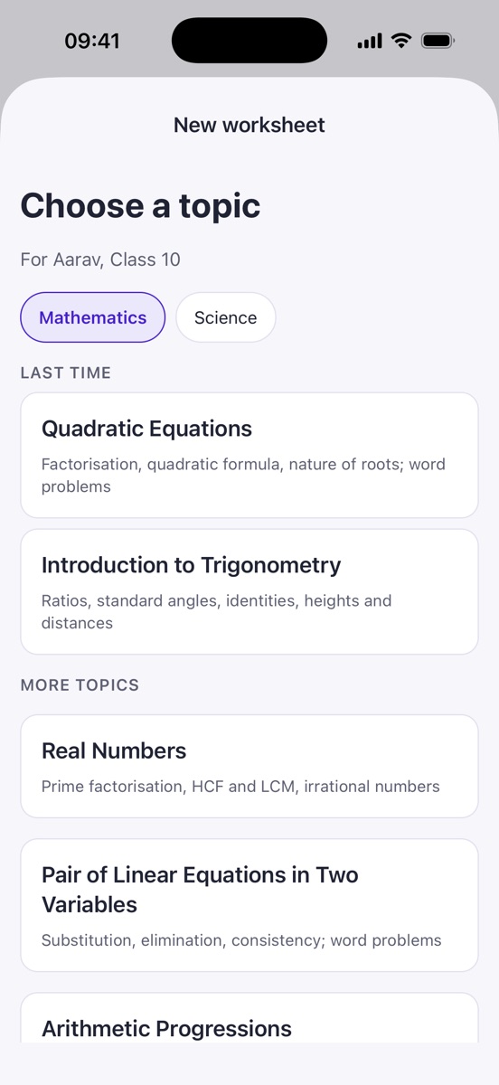 Choose a topic for Aarav, Class 10: Mathematics and Science chips, last time Quadratic Equations and Introduction to Trigonometry, then more topics.